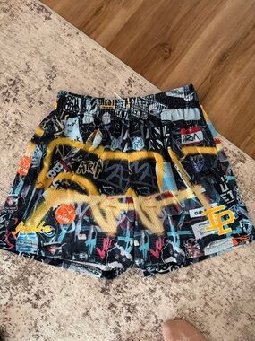 INAKA POWER Graffiti Print Athletic Shorts with Yellow Accent